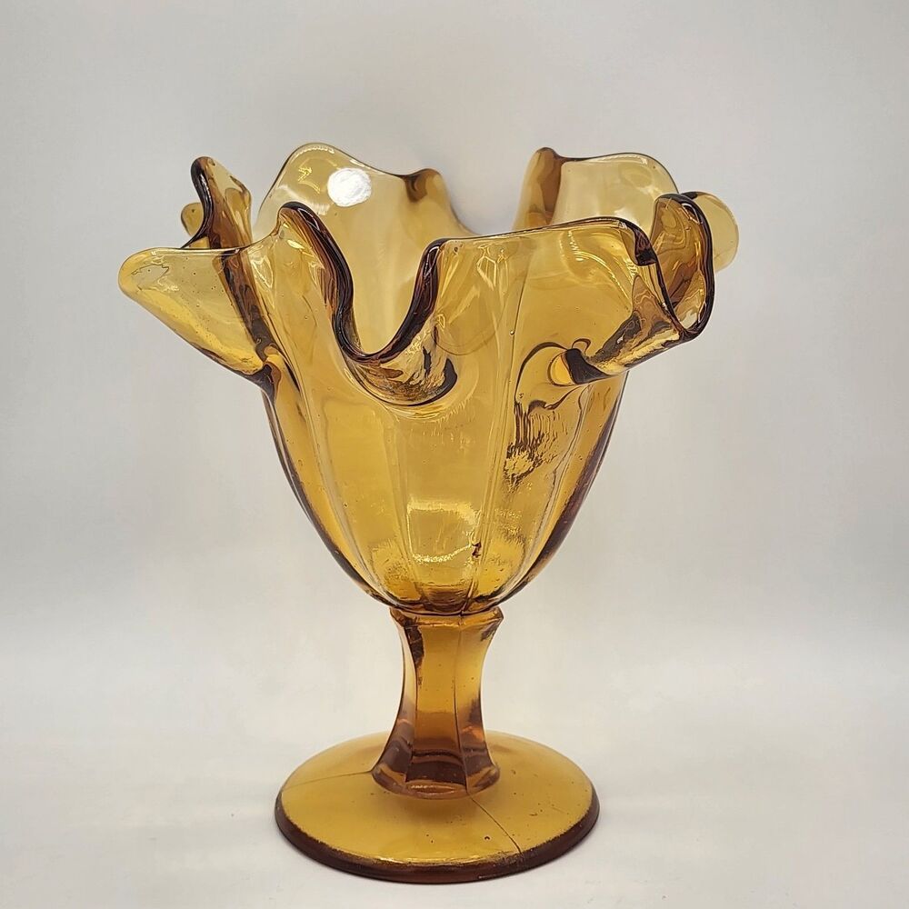 VTG MCM Italian Amber Glass Handkerchief Vase Pedestal Base SEE photos